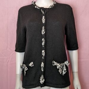 Talbots Susan Bristol Vintage Black Cardigan with Floral Ribbon Detail Medium
